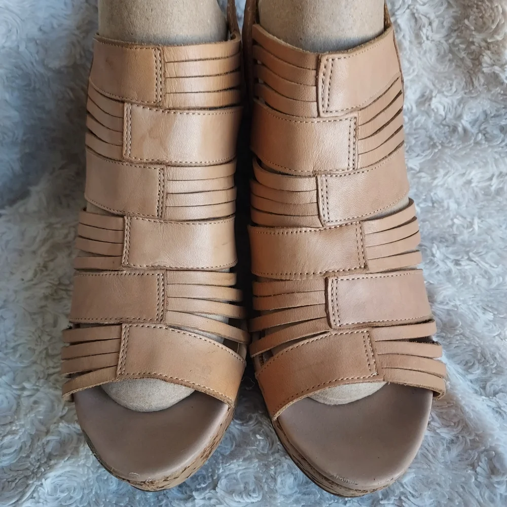 Franco Sarto Strappy Leather Tan Cork Wedge Sandals 9.5 Summer Beach Boho
